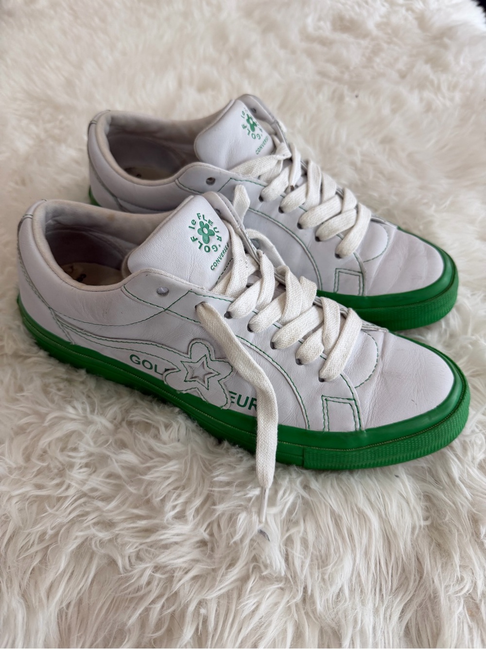 Golf Le Fleur White Leather Sneakers with Green Soles Size US 8